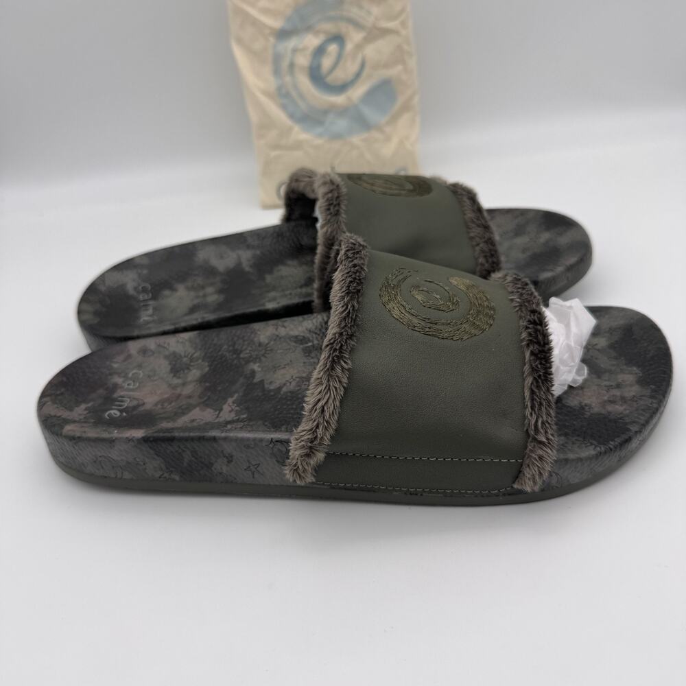 Johnny Was CALME Slide Sandals Womens Size 9 Space Camo Leather Green Resort NEW - Picture 4 of 7